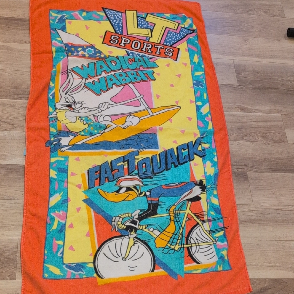 Vintage Warner Bros. Bugs Bunny and Daffy  Beach Towel - Orange, Blue, Yellow